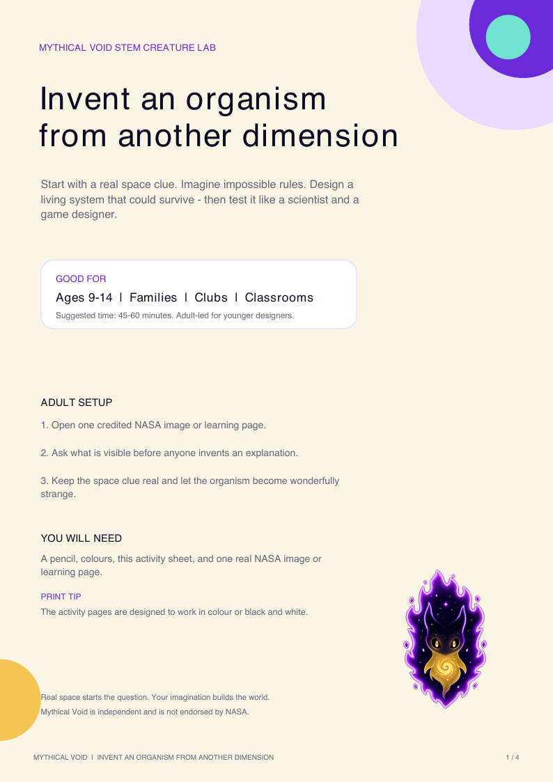 Cover of the free four-page Mythical Void STEM Creature Lab